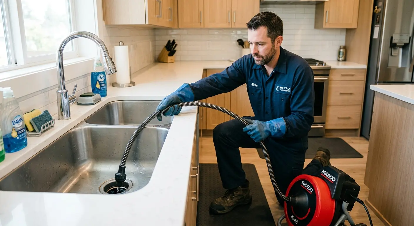 Drain cleaning technician using a motorized snake on a kitchen sink in Stony Point