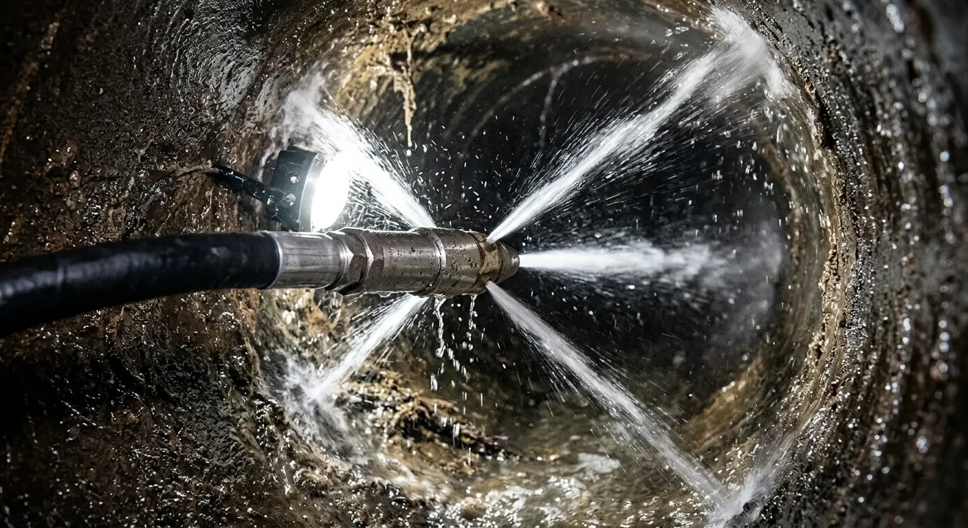 High-pressure hydro jetting nozzle cleaning sewer pipe for Storm Drain Cleaning in Stony Point