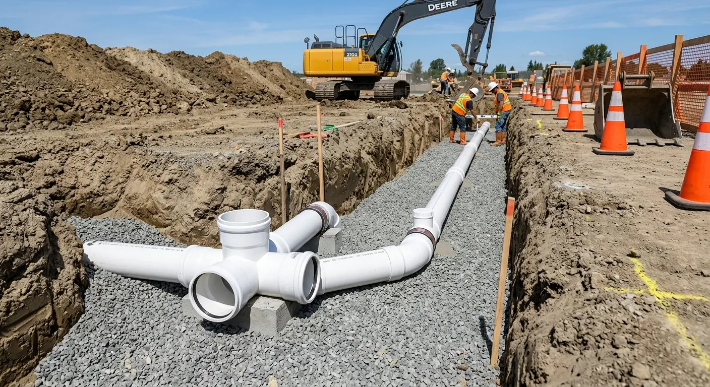 New PVC sewer pipe installation in open trench for Sewer Backup in Stony Point
