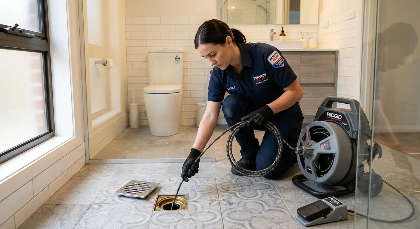 Technician clearing a bathroom floor drain for Drain Repair in Stony Point